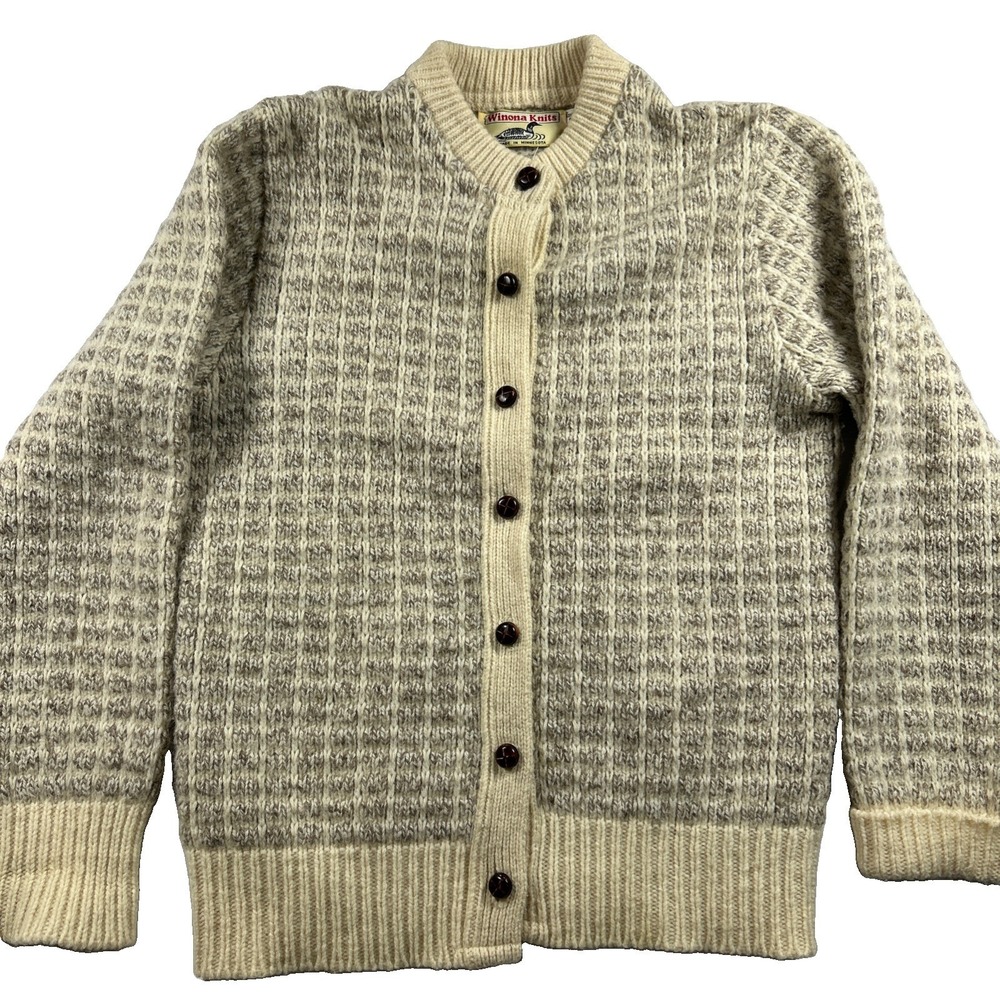 Vintage Winona Knits Cardigan Sweater Womens Small White Brown Button USA